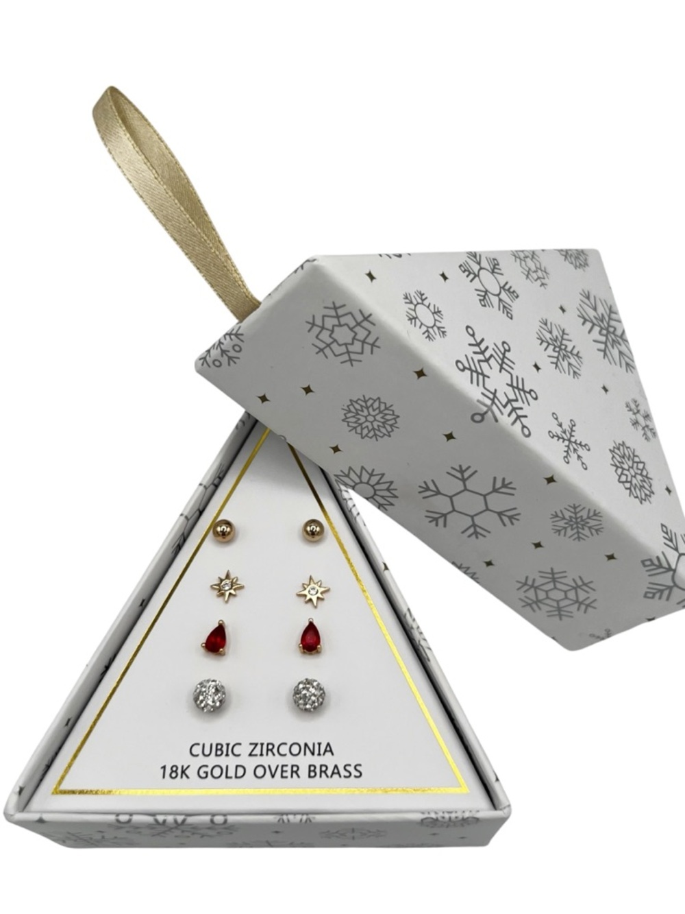 NWT Macy’s 18K Gold Plated Cubic Zirconia 4 Earrings Set Ornament Box